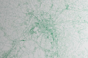 Map of the streets of Salzburg (Austria) made with green lines on white paper. 3d render, illustration