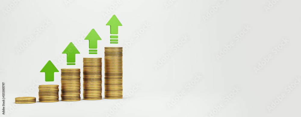 Poster stacked gold coins forming a growing financial chart with green upward arrows. 3d rendering
