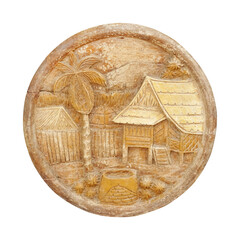  Wooden circle carved house and landscape isolated on white