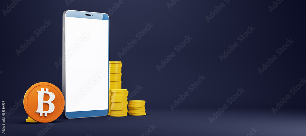 Poster Smartphone with blank screen and bitcoin coin beside gold stacks on dark background. 3D Rendering
