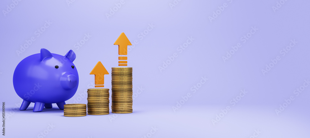 Poster blue piggy bank with stacked gold coins and upward arrows. 3d rendering