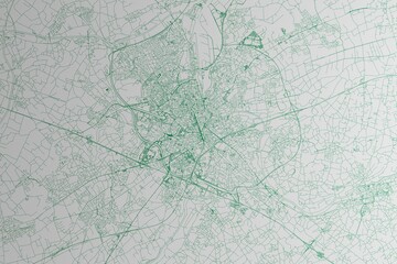 Map of the streets of Gent (Belgium) made with green lines on white paper. 3d render, illustration