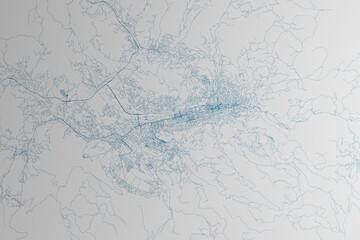 Map of the streets of Sarajevo (Bosnia) made with blue lines on white paper. 3d render, illustration