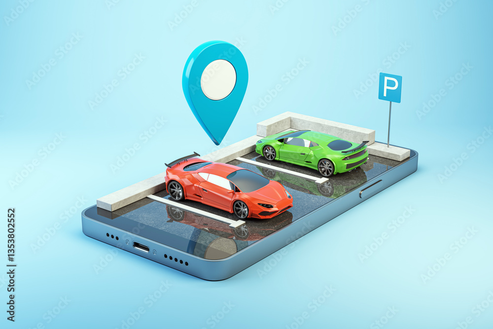 Poster car sharing app concept with parking and gps on smartphone screen. 3d rendering