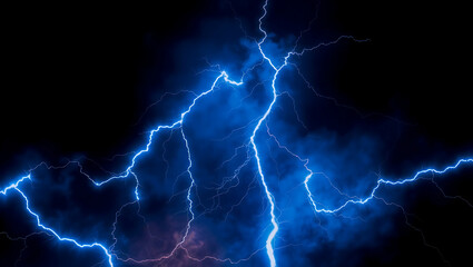 A mesmerizing electric lighting effect radiates against a dark, mysterious black background, evoking the intense energy of a stormy night, with bold, vibrant lightning bolts of electric blue and white