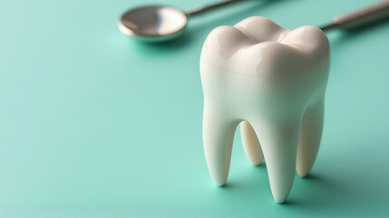 Large model of a tooth is placed on a light blue surface with a dental mirror in the background