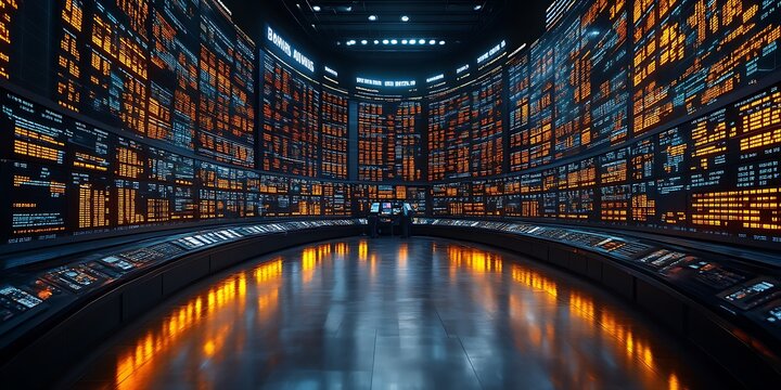 Futuristic control room; data streams; monitoring