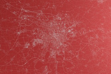 Map of the streets of Leipzig (Germany) made with white lines on red paper. Top view, rough background. 3d render, illustration