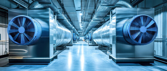 Industrial air conditioning system featuring fans and air blast in a factory building with a sleek modern design