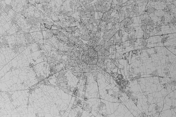Map of the streets of Milan (Italy) made with black lines on grey paper. Top view. 3d render, illustration
