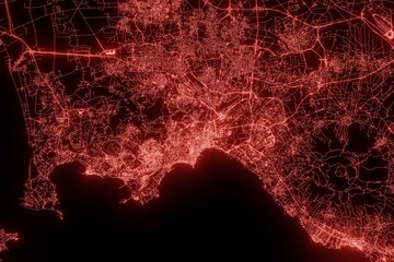 Street map of Naples (Italy) made with red illumination and glow effect. Top view on roads network. 3d render, illustration