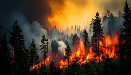Obraz premium Burning forest with flames and smoke, showcasing environmental damage and natural disaster. Wildfire scene with a dramatic sky.