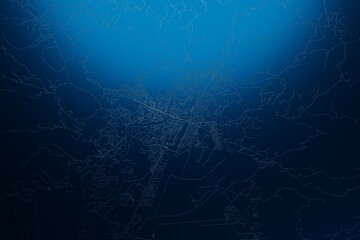 Street map of Podgorica (Montenegro) engraved on blue metal background. View with light coming from top. 3d render, illustration