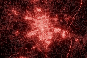 Street map of Lodz (Poland) made with red illumination and glow effect. Top view on roads network. 3d render, illustration