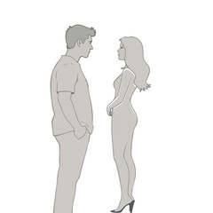 Vector silhouettes of man and woman in gray color isolated in white background.