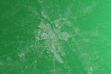 Map of the streets of Warsaw (Poland) made with white lines on green paper. Rough background. 3d render, illustration