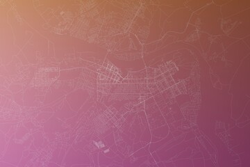 Map of the streets of Kemerovo (Russia) made with white lines on pinkish red gradient background. Top view. 3d render, illustration