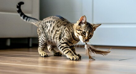Obraz premium Capture a Sokoke Cat in a Playful Interaction With a Natural Toy, Such as a Feather or a Piece of Wood, Showcasing Its Agile Movements and Natural Instincts