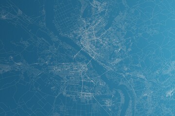 Map of the streets of Novosibirsk (Russia) made with white lines on blue paper. Rough background. 3d render, illustration
