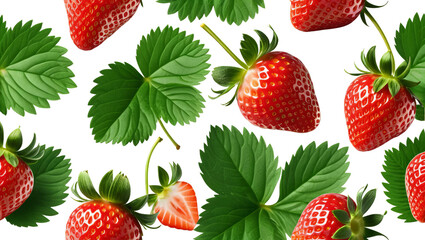 Fresh Red Strawberries and Green Leaves on Black Background