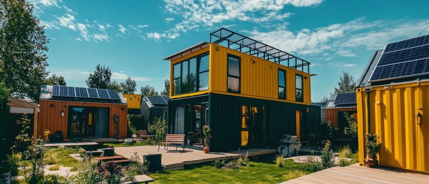 Modern eco-friendly homes crafted from shipping containers, surrounded by greenery under a bright blue sky.