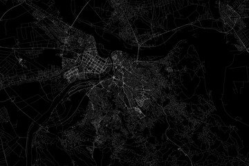 Stylized map of the streets of Belgrade (Serbia) made with white lines on black background. Top view. 3d render, illustration