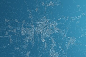 Map of the streets of Seville (Spain) made with white lines on blue paper. Rough background. 3d render, illustration