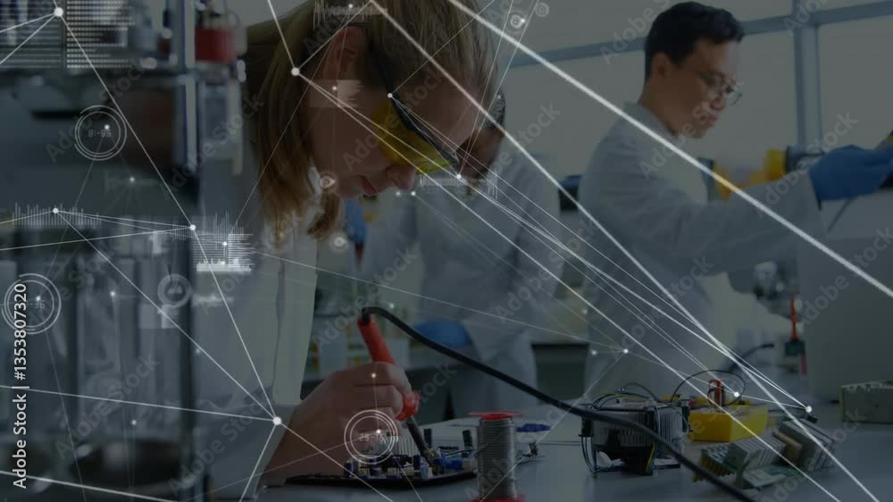 Aufkleber working on electronics, scientists using data connections animation in lab setting