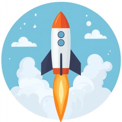 Fototapeta premium Teamwork and collaboration Flat Art Style Icon. Orange And White Rocket Launching Through Blue Sky With Clouds