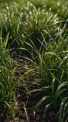 Vibrant Green Field: A Macro Closeup of Lush Grass Blades in Natural Light &ndash; Eco-Friendly Gardening and Sustainable Landscaping
