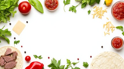 Ingredients for making tacos are arranged around a blank space