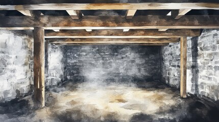 Mysterious Old Basement: Watercolor Painting of a Dark, Stone Cellar with Wooden Beams