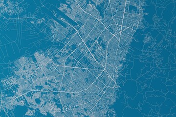 Map of the streets of Bogota (Colombia) made with white lines on blue background. 3d render, illustration