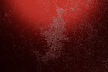 Street map of Medellin (Colombia) engraved on red metal background. Light is coming from top. 3d render, illustration