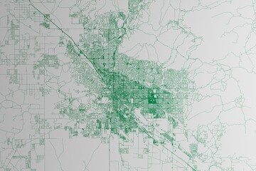 Map of the streets of Tucson (Arizona, USA) made with green lines on white paper. 3d render, illustration