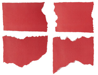Isolated collection of torn red piece of matte paper on white background