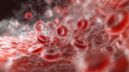 Intricate Close-Up of Red Blood Cells Floating Through Viscous Plasma in a Biological Environment
