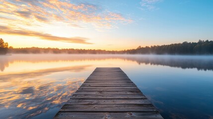 Fototapeta premium a scenic view of a wooden pier extending into a serene lake, reflecting the beautiful sky at dawn. The clouds and mist add to the tranquility of the landscape.