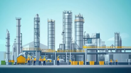 Industrial Scene with Workers and Equipment in a Modern Oil Refinery, Featuring High-Rise Towers, Storage Tanks, and Machinery Under Clear Blue Sky