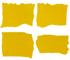 Isolated collection of torn yellow piece of matte paper on white background