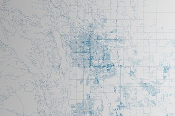 Map of the streets of Fort Collins (Colorado, USA) made with blue lines on white paper. 3d render, illustration