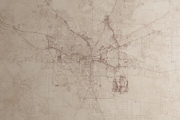 Map of Tallahassee (Florida, USA) on an old vintage sheet of paper. Retro style grunge paper with light coming from right. 3d render