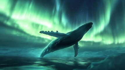 Fototapeta premium Whale breaching under aurora borealis, arctic ocean, night