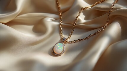 Fototapeta premium Golden necklace displayed on smooth satin and silk backgrounds