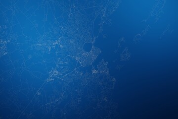 Stylized map of the streets of Portland (Maine, USA) made with white lines on abstract blue background lit by two lights. Top view. 3d render, illustration