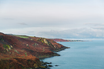 The view of the rugged Normandy coastline travelling west of Cherbourg towards la Hague.