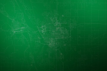 Map of the streets of Bismarck (North Dakota, USA) made with white lines on abstract green background lit by two lights. Top view. 3d render, illustration