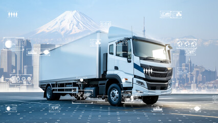AI-powered truck with futuristic interface UI in city road