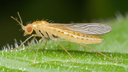 Pale yellow insect with translucent wings perched on a green leaf, detailed macro photography showcasing intricate textures and fine hairs.