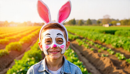 Boy with rabbit face paint smiling in countryside fair, joyful celebration